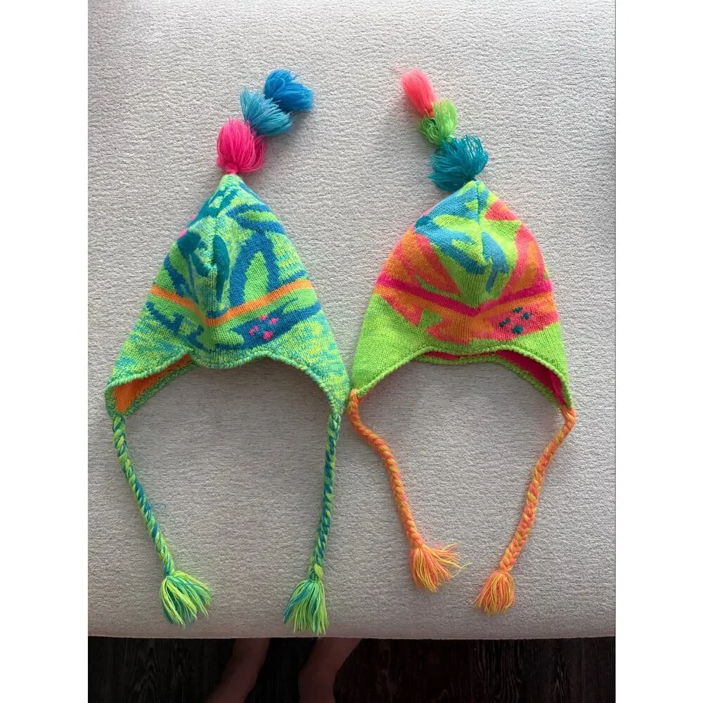 VTG 80s Obermeyer Kids Trapper Hat Beanies Neon Earflap Hat Tassle Preschool (2)